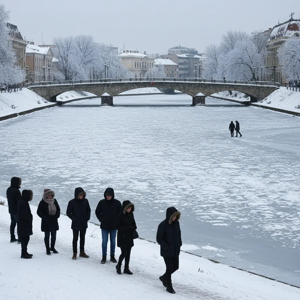 Canalul Bega înghețat aproape complet la Timișoara după nopți cu -17°C