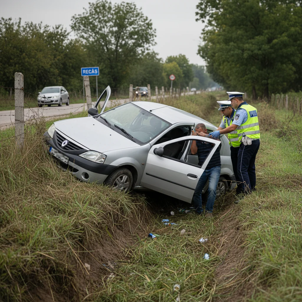 Șofer fără permis și băut, găsit cu mașina în șanț lângă Recaș, în apropiere de Timișoara